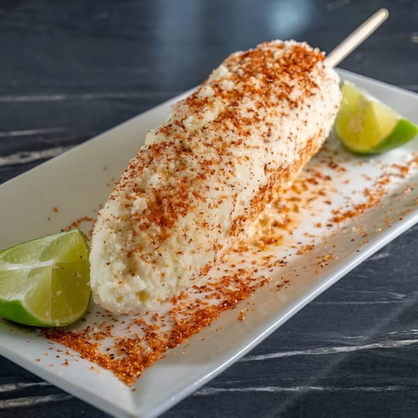 Elote, Mexican street corn, on a white plate with lime wedges and chili powder.